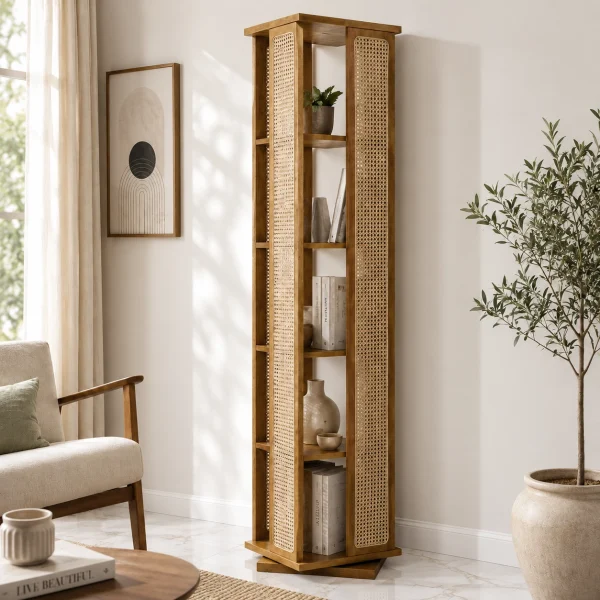 KL-3014SC (2) The Attic Mira Cane Rattan Bookshelf, Multipurpose for Living room Bed room Study, Solid Wood, Light Teak Finish