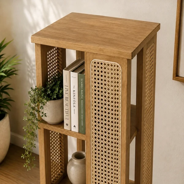 KL-3014SC (4) The Attic Mira Cane Rattan Bookshelf, Multipurpose for Living room Bed room Study, Solid Wood, Light Teak Finish