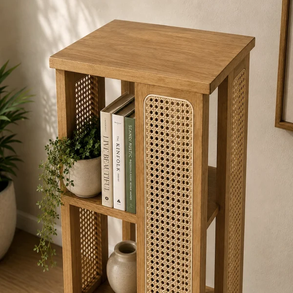 KL-3014SC (4) The Attic Mira Cane Rattan Bookshelf, Multipurpose for Living room Bed room Study, Solid Wood, Light Teak Finish