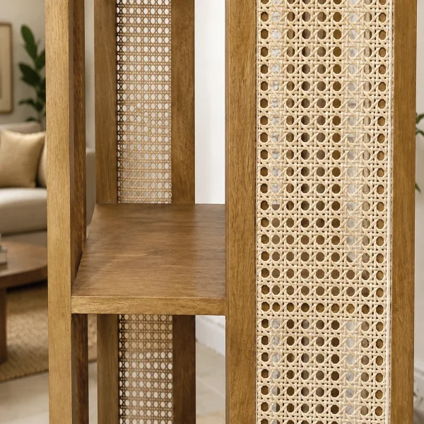 KL-3014SC (5) The Attic Mira Cane Rattan Bookshelf, Multipurpose for Living room Bed room Study, Solid Wood, Light Teak Finish