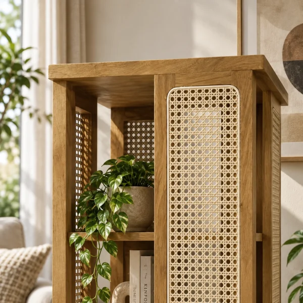 KL-3014SC (6) The Attic Mira Cane Rattan Bookshelf, Multipurpose for Living room Bed room Study, Solid Wood, Light Teak Finish