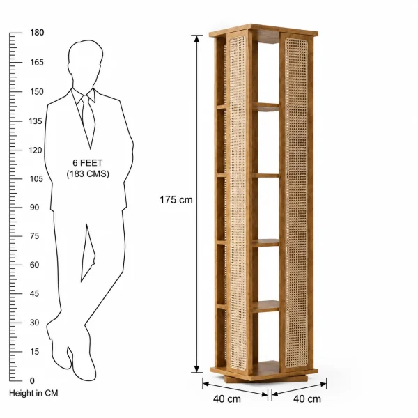 KL-3014SC (7) The Attic Mira Cane Rattan Bookshelf, Multipurpose for Living room Bed room Study, Solid Wood, Light Teak Finish