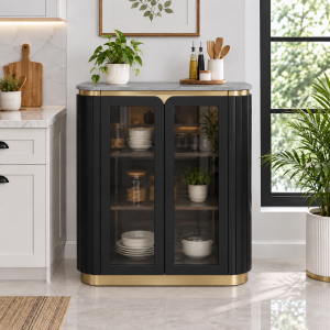 The Attic Carlston Kitchen Cabinet, Multipurpose Cabinet For Bedroom Living room study bar, Solid Wood Bookshelf/Kitchen Cabinet, Solid Mango Wood, Black Color