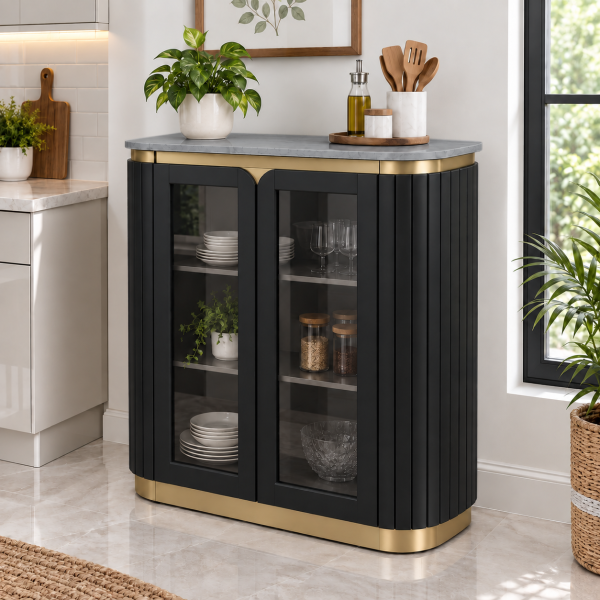 The Attic Carlston Kitchen Cabinet, Multipurpose Cabinet For Bedroom Living room study bar, Solid Wood Bookshelf/Kitchen Cabinet, Solid Mango Wood, Black Color