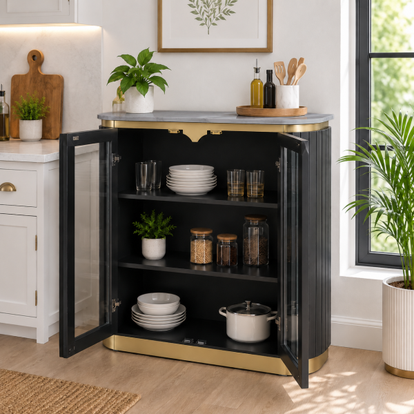 The Attic Carlston Kitchen Cabinet, Multipurpose Cabinet For Bedroom Living room study bar, Solid Wood Bookshelf/Kitchen Cabinet, Solid Mango Wood, Black Color