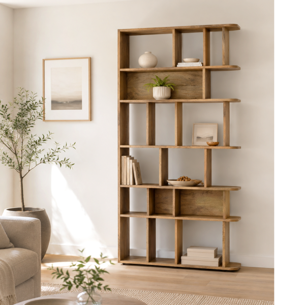 KL-3027S (2) The Attic Arden Bookshelf, Multipurpose for Living room Bed room Study Kitchen, Solid Mango Wood, partition shelf, Light Teak Finish