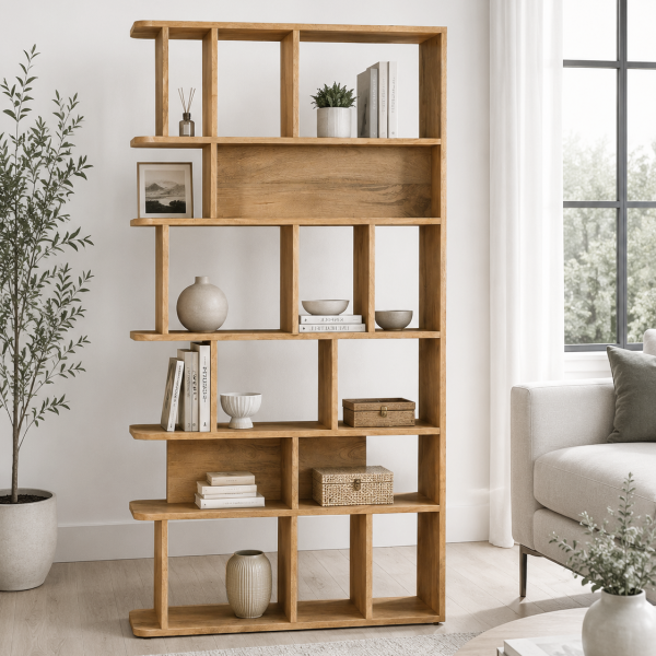 KL-3027S (3) The Attic Arden Bookshelf, Multipurpose for Living room Bed room Study Kitchen, Solid Mango Wood, partition shelf, Light Teak Finish