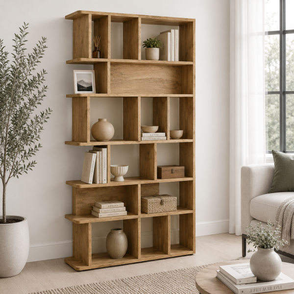 KL-3027S (4) The Attic Arden Bookshelf, Multipurpose for Living room Bed room Study Kitchen, Solid Mango Wood, partition shelf, Light Teak Finish