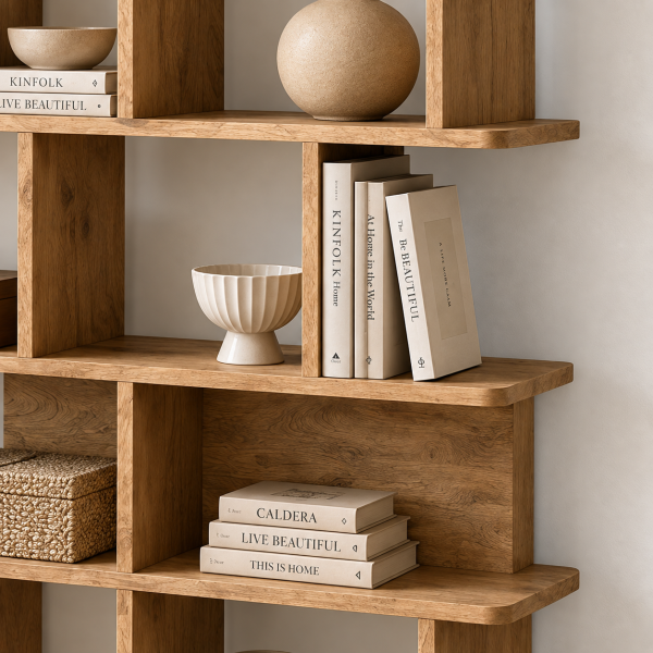 KL-3027S (5) The Attic Arden Bookshelf, Multipurpose for Living room Bed room Study Kitchen, Solid Mango Wood, partition shelf, Light Teak Finish