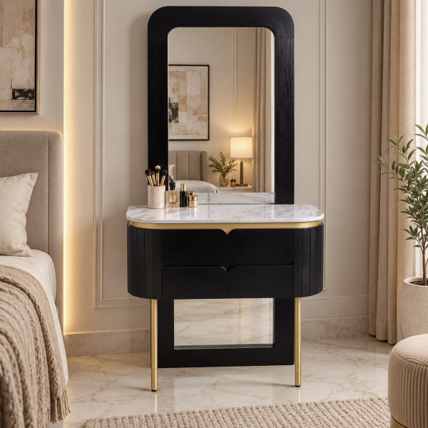 The Attic Carlston Dressing Table For Bedroom, Solid Wood, Black Finish