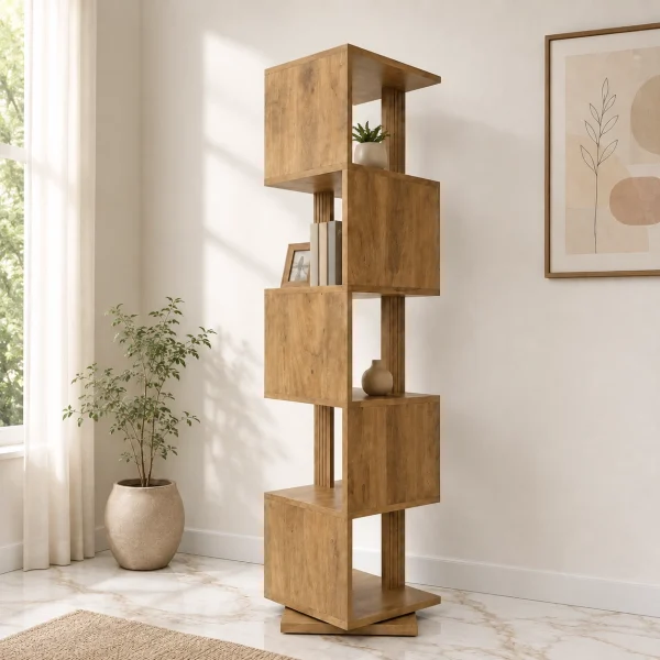 The Attic Solid Wood Madera Revolve Bookshelf, Multipurpose for Living room Bed room Study, Solid Wood, Light Teak Finish