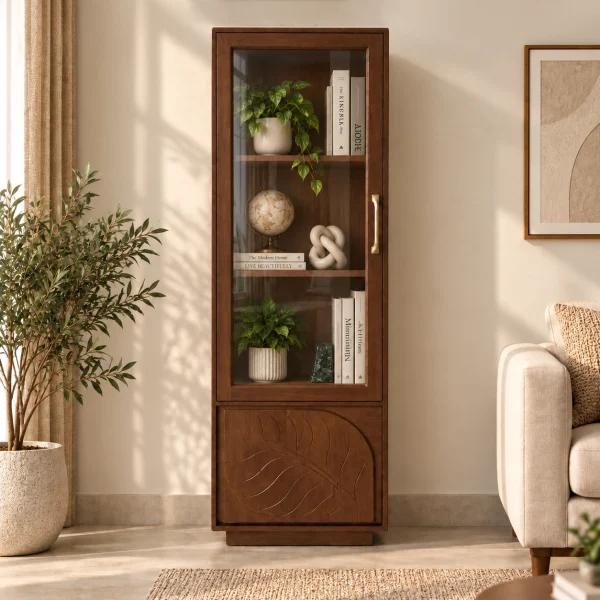 KL-3037TG (1) The Attic Sculpted Leaf Kitchen Cabinet Multipurpose Cabinet For Bedroom Living room study bar, Solid Wood Bookshelf/Kitchen Cabinet, Provential teak Finish