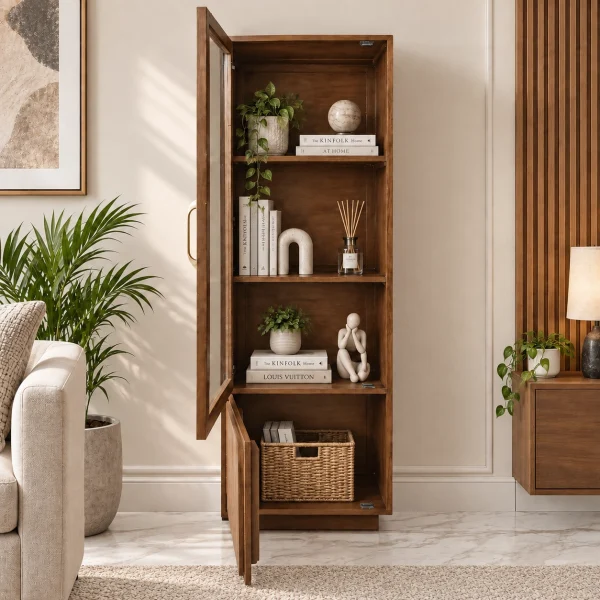 KL-3037TG (4) The Attic Sculpted Leaf Kitchen Cabinet Multipurpose Cabinet For Bedroom Living room study bar, Solid Wood Bookshelf/Kitchen Cabinet, Provential teak Finish