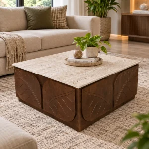 The Attic Sculpted Leaf Coffee Table, Coffee Table for Living Room, Solid Wood Centre Table with Synthetic Travertine Top, Provential Teak Finish