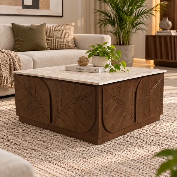 KL-3038T (2) The Attic Sculpted Leaf Coffee Table, Coffee Table for Living Room, Solid Wood Centre Table with Synthetic Travertine Top, Provential Teak Finish