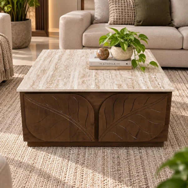 KL-3038T (3) The Attic Sculpted Leaf Coffee Table, Coffee Table for Living Room, Solid Wood Centre Table with Synthetic Travertine Top, Provential Teak Finish