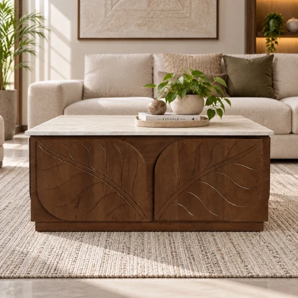 KL-3038T (4) The Attic Sculpted Leaf Coffee Table, Coffee Table for Living Room, Solid Wood Centre Table with Synthetic Travertine Top, Provential Teak Finish