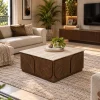KL-3038T (5) The Attic Sculpted Leaf Coffee Table, Coffee Table for Living Room, Solid Wood Centre Table with Synthetic Travertine Top, Provential Teak Finish