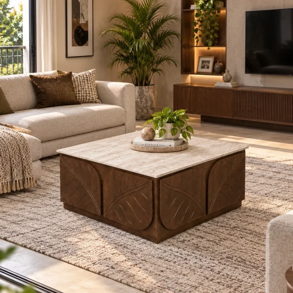 KL-3038T (5) The Attic Sculpted Leaf Coffee Table, Coffee Table for Living Room, Solid Wood Centre Table with Synthetic Travertine Top, Provential Teak Finish