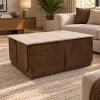 KL-3038T (6) The Attic Sculpted Leaf Coffee Table, Coffee Table for Living Room, Solid Wood Centre Table with Synthetic Travertine Top, Provential Teak Finish