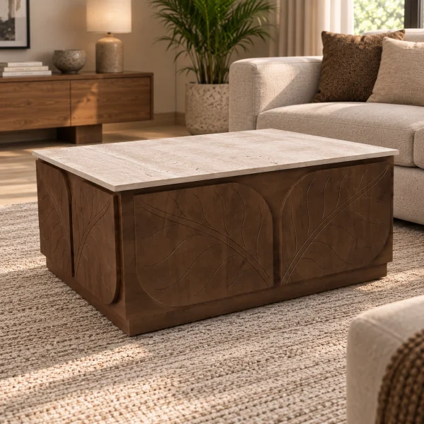KL-3038T (6) The Attic Sculpted Leaf Coffee Table, Coffee Table for Living Room, Solid Wood Centre Table with Synthetic Travertine Top, Provential Teak Finish