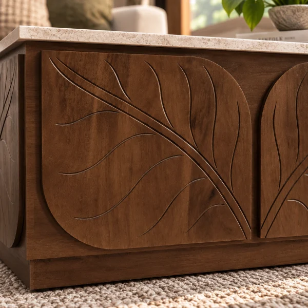 KL-3038T (7) The Attic Sculpted Leaf Coffee Table, Coffee Table for Living Room, Solid Wood Centre Table with Synthetic Travertine Top, Provential Teak Finish