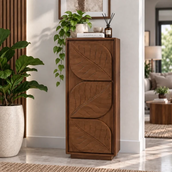 The AtticSculpted Leaf Bookshelf, Multipurpose for Living room Bed room Study, Solid Wood, Provential Teak Finish