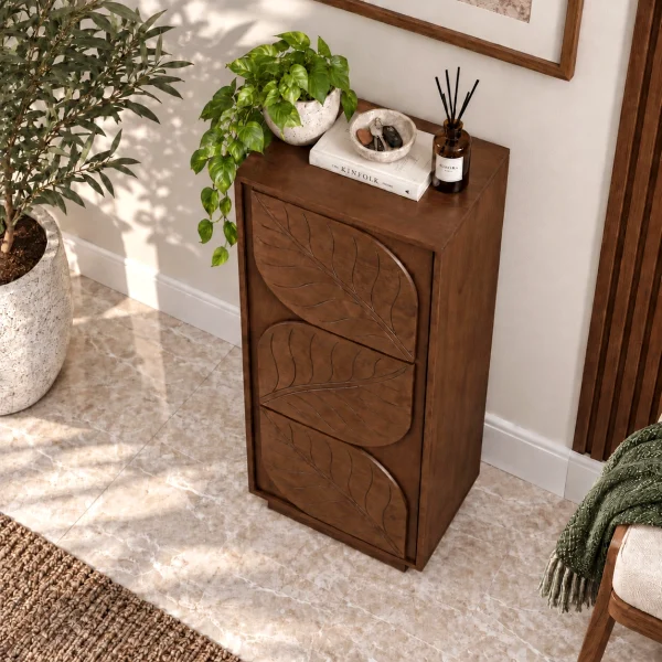 The AtticSculpted Leaf Bookshelf, Multipurpose for Living room Bed room Study, Solid Wood, Provential Teak Finish
