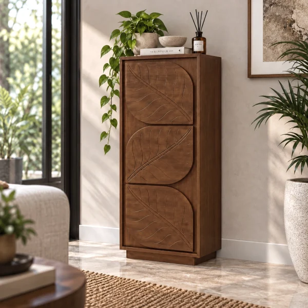 The AtticSculpted Leaf Bookshelf, Multipurpose for Living room Bed room Study, Solid Wood, Provential Teak Finish