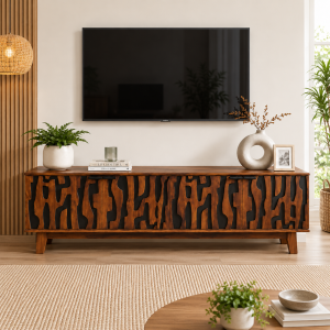 KL-3045H (1) The Attic Sculpt TV Cabinet, Solid Wood Sideboard TV Cabinet for Living Room, Wooden Free Standing TV Unit Side Board Table with Storage, Ant. Honey Matte Finish
