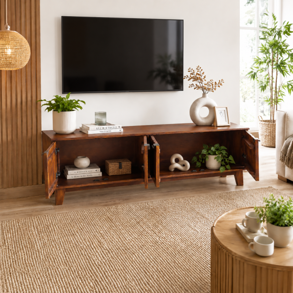 KL-3045H (4) The Attic Sculpt TV Cabinet, Solid Wood Sideboard TV Cabinet for Living Room, Wooden Free Standing TV Unit Side Board Table with Storage, Ant. Honey Matte Finish