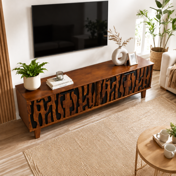 KL-3045H (5) The Attic Sculpt TV Cabinet, Solid Wood Sideboard TV Cabinet for Living Room, Wooden Free Standing TV Unit Side Board Table with Storage, Ant. Honey Matte Finish