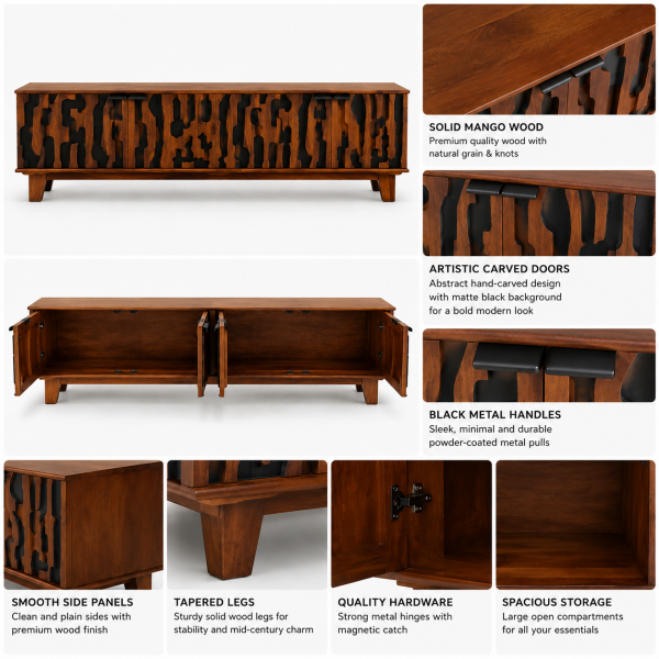 KL-3045H (7) The Attic Sculpt TV Cabinet, Solid Wood Sideboard TV Cabinet for Living Room, Wooden Free Standing TV Unit Side Board Table with Storage, Ant. Honey Matte Finish